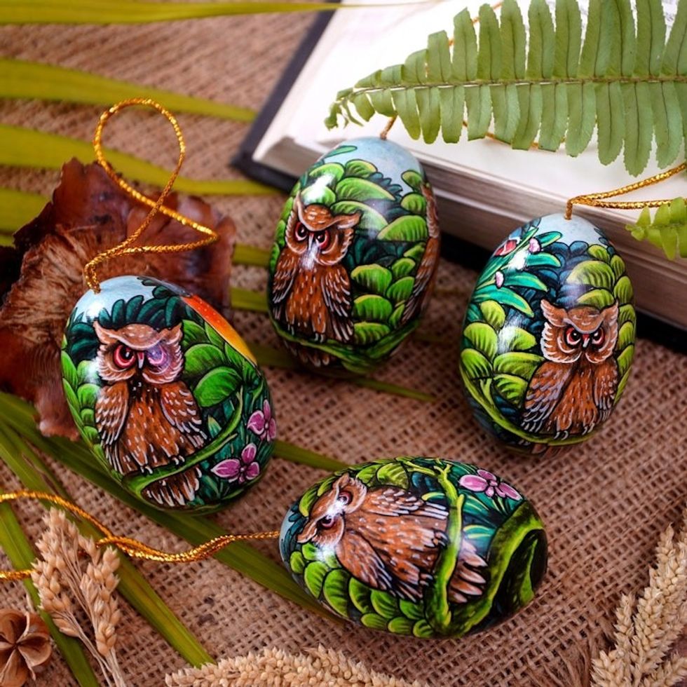 Hand-Painted Wood Ornaments of Birds Set of 4 'Forest of Birds'