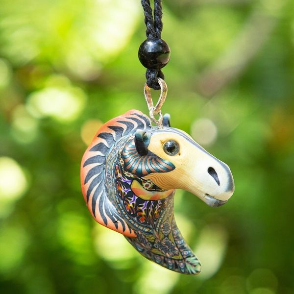 Alternate image for Artisan Handmade Polymer Clay Horse Pendant Necklace Laughing Horse