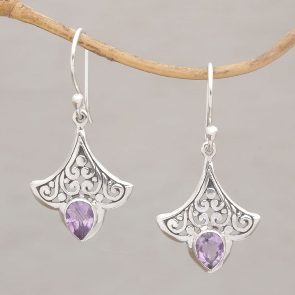 Handmade 925 Sterling Silver Amethyst Dangle Earrings Bali 'Slow Dance'