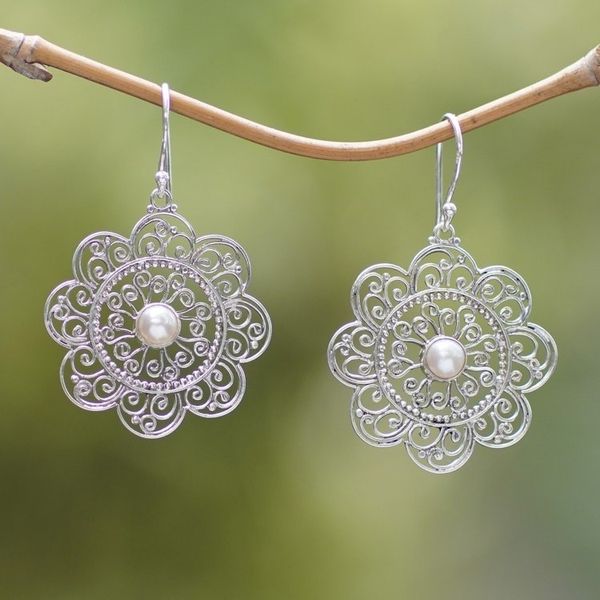 Alternate image for Cultured Pearl and Sterling Silver Floral Earrings From Bali Delicate Sunflowers