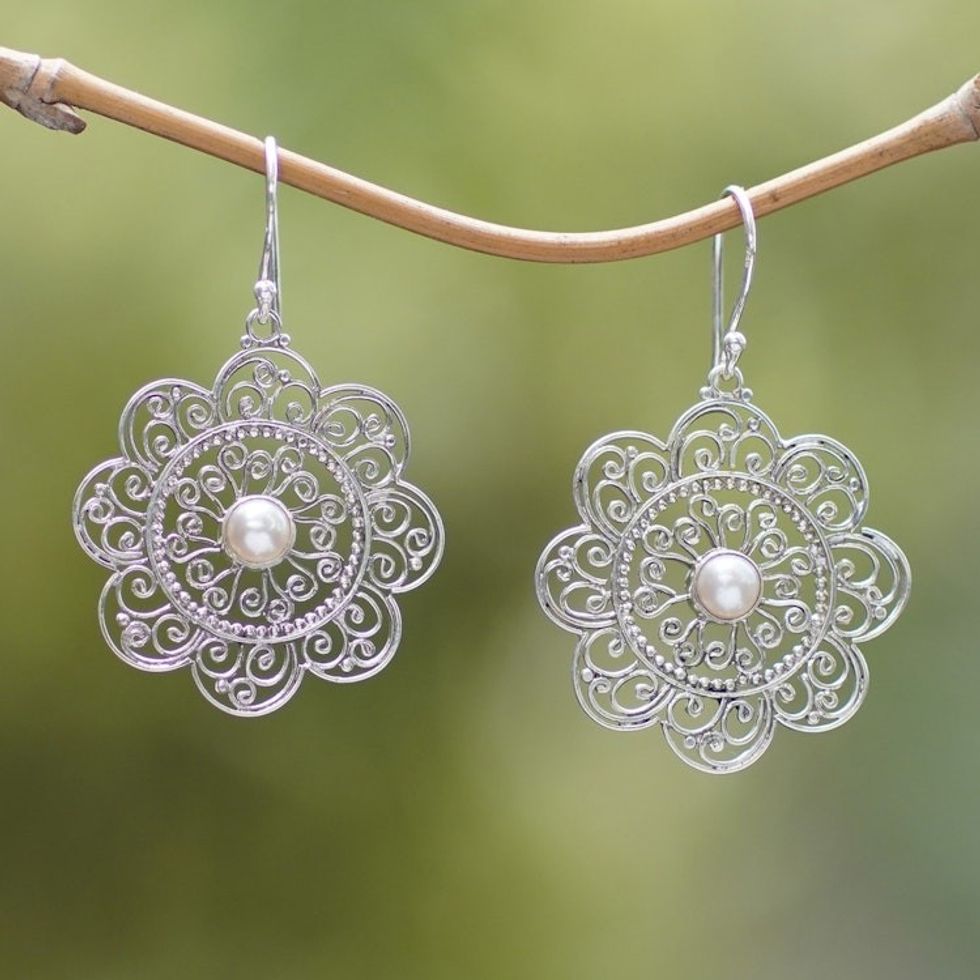 Cultured Pearl and Sterling Silver Floral Earrings From Bali 'Delicate Sunflowers'