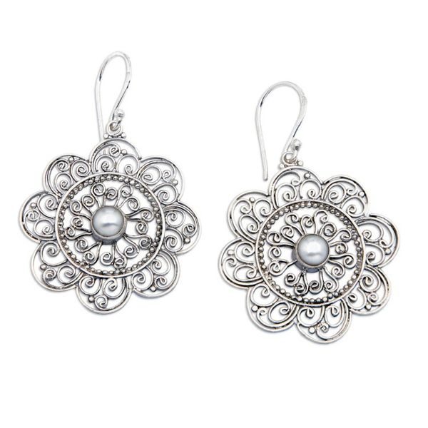 Alternate image for Cultured Pearl and Sterling Silver Floral Earrings From Bali Delicate Sunflowers