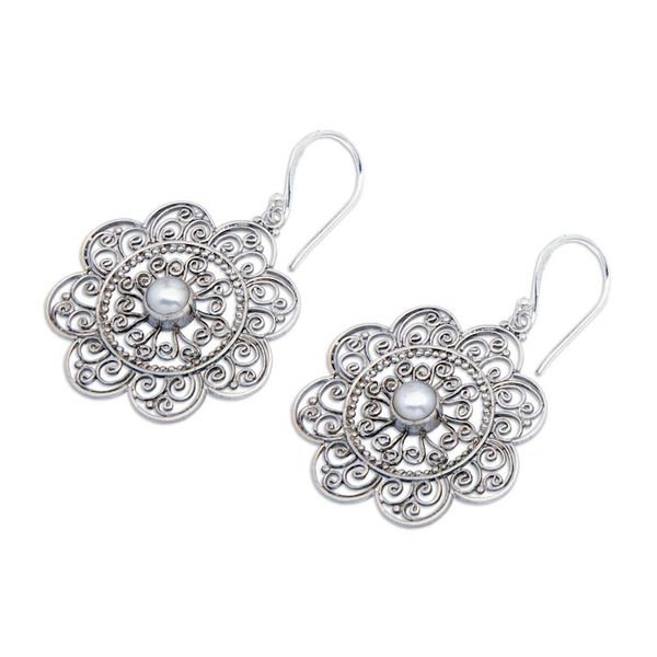 Alternate image for Cultured Pearl and Sterling Silver Floral Earrings From Bali Delicate Sunflowers