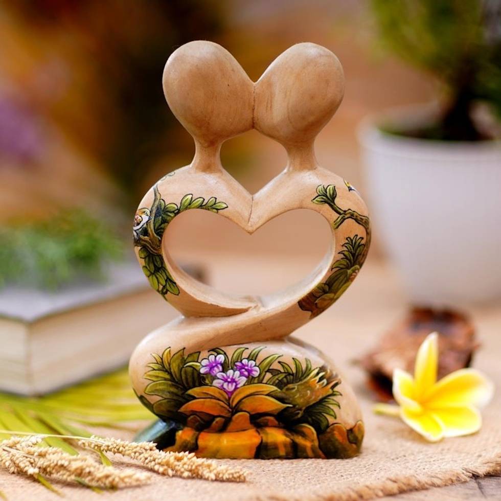 Hand Carved Jempinis Wood Romantic Statuette from Bali 'Blossoming Romance'