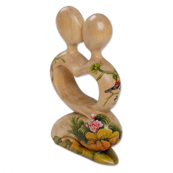 Alternate image for Hand Carved Jempinis Wood Romantic Statuette from Bali Blossoming Romance
