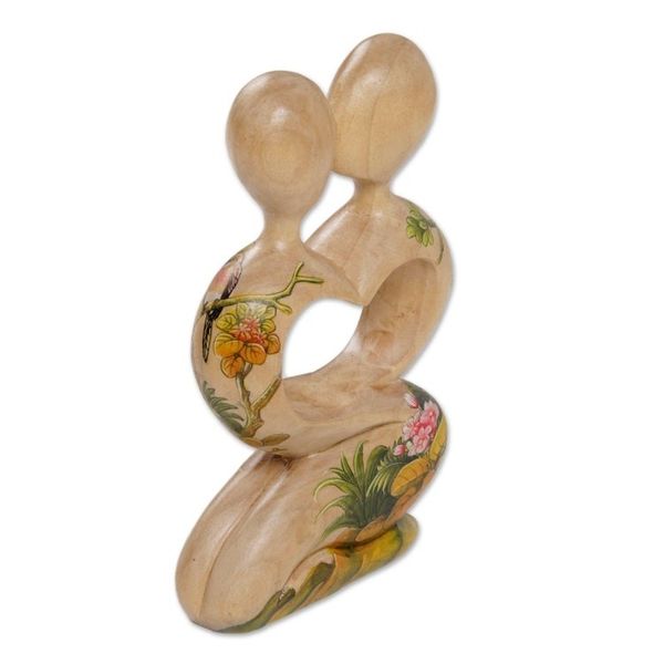 Alternate image for Hand Carved Jempinis Wood Romantic Statuette from Bali Blossoming Romance