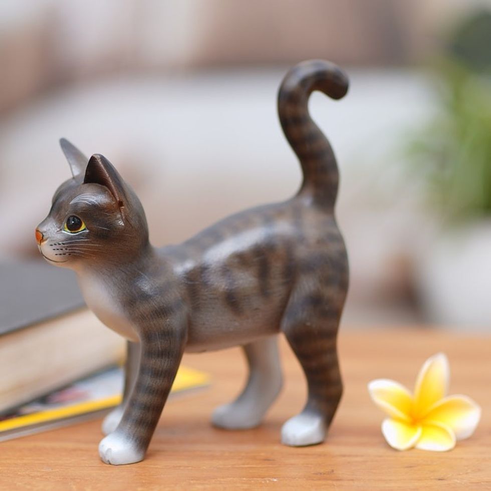 Standing Wood Cat Sculpture in Grey and White from Bali 'Curious Kitten'