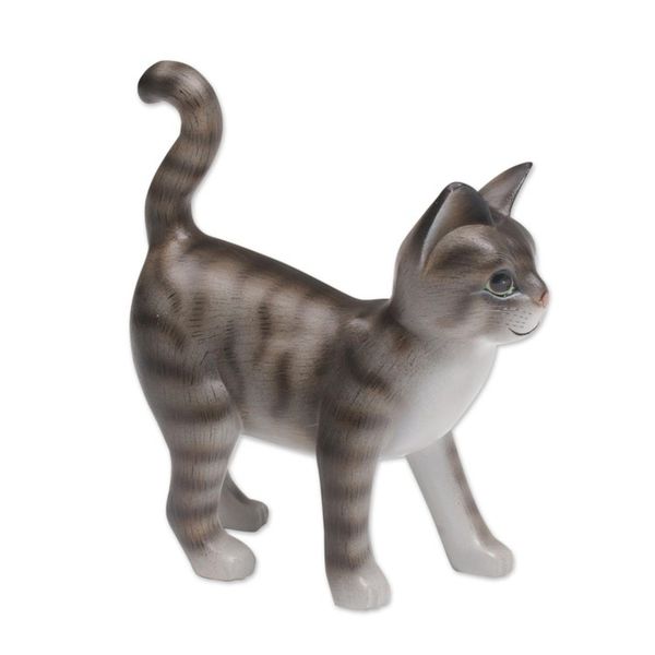 Alternate image for Standing Wood Cat Sculpture in Grey and White from Bali Curious Kitten