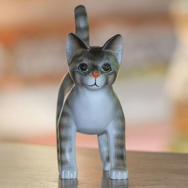Alternate image for Standing Wood Cat Sculpture in Grey and White from Bali Curious Kitten
