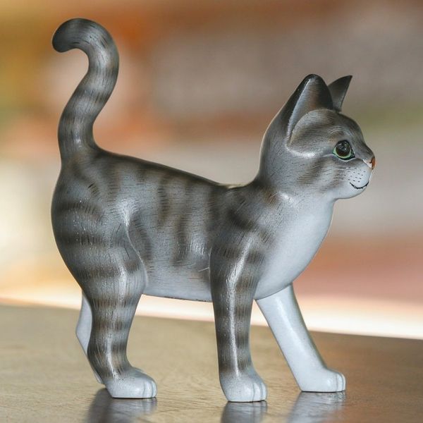 Alternate image for Standing Wood Cat Sculpture in Grey and White from Bali Curious Kitten