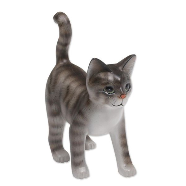 Alternate image for Standing Wood Cat Sculpture in Grey and White from Bali Curious Kitten