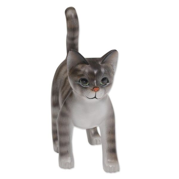 Alternate image for Standing Wood Cat Sculpture in Grey and White from Bali Curious Kitten