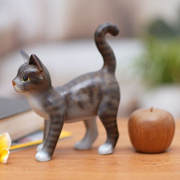 Alternate image for Standing Wood Cat Sculpture in Grey and White from Bali Curious Kitten