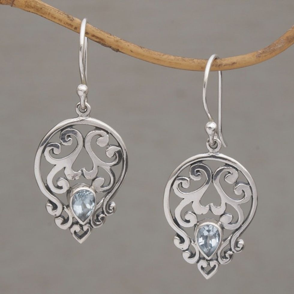 Balinese Blue Topaz and Sterling Silver Dangle Earrings 'Glacial Majesty'