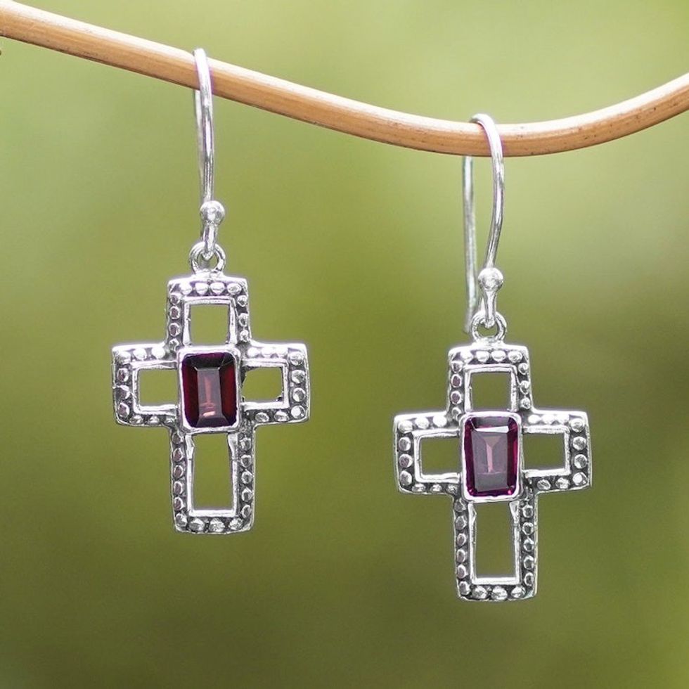 Sterling Silver and Garnet Cross Dangle Earrings Indonesia 'Faith Everlasting'