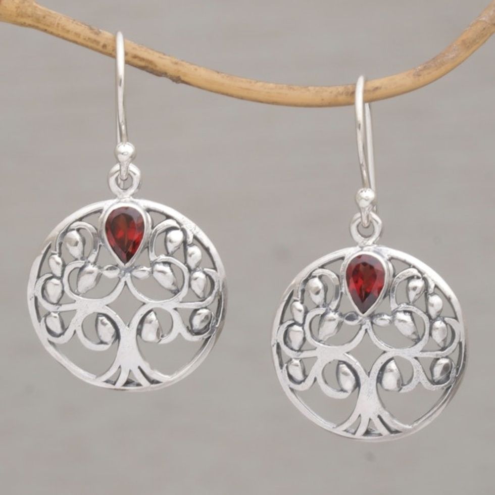 Balinese Garnet and Sterling Silver Tree Dangle Earrings 'Banyan Beauty'