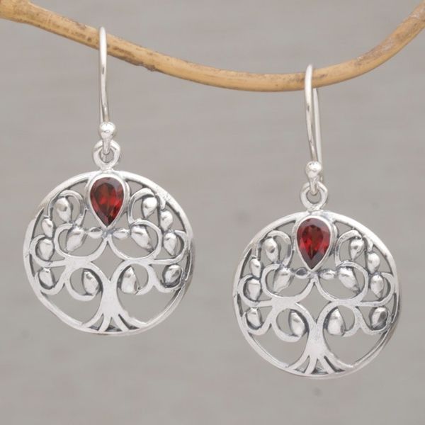 Alternate image for Balinese Garnet and Sterling Silver Tree Dangle Earrings Banyan Beauty