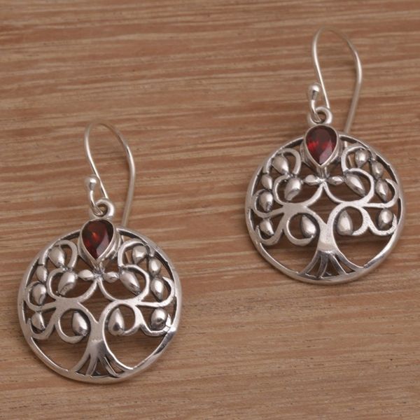 Alternate image for Balinese Garnet and Sterling Silver Tree Dangle Earrings Banyan Beauty