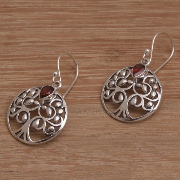 Alternate image for Balinese Garnet and Sterling Silver Tree Dangle Earrings Banyan Beauty
