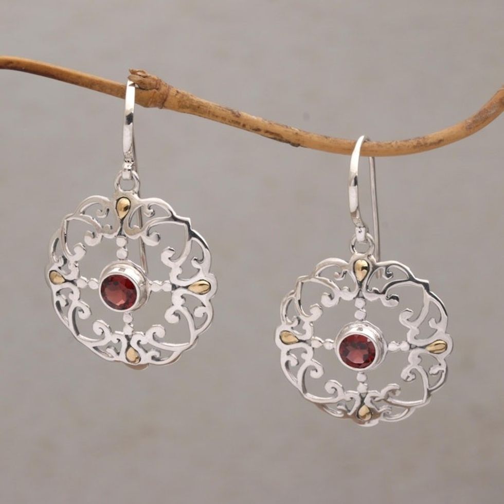 Garnet Sterling Silver Dangle Earrings with 18k Gold Accent 'Exquisite Flora'