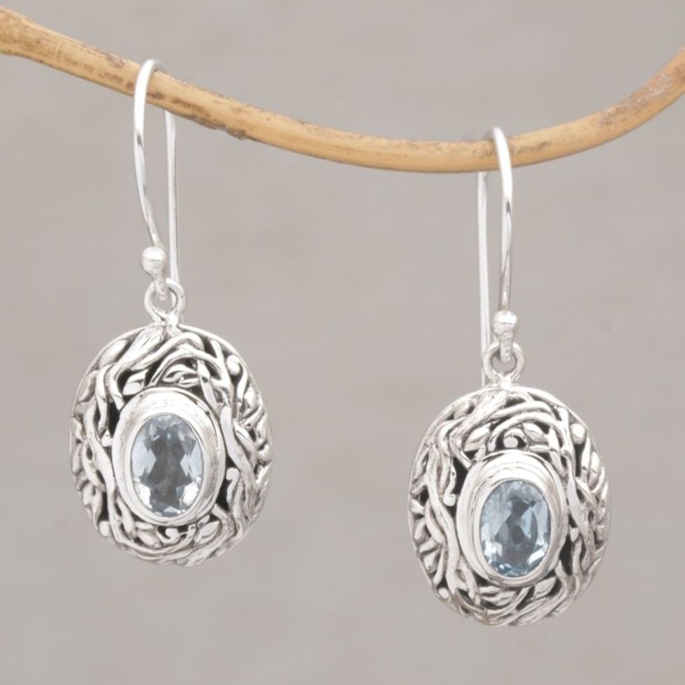 Oval Shaped Sterling Silver Earrings with Blue Topaz 'Real Gift'