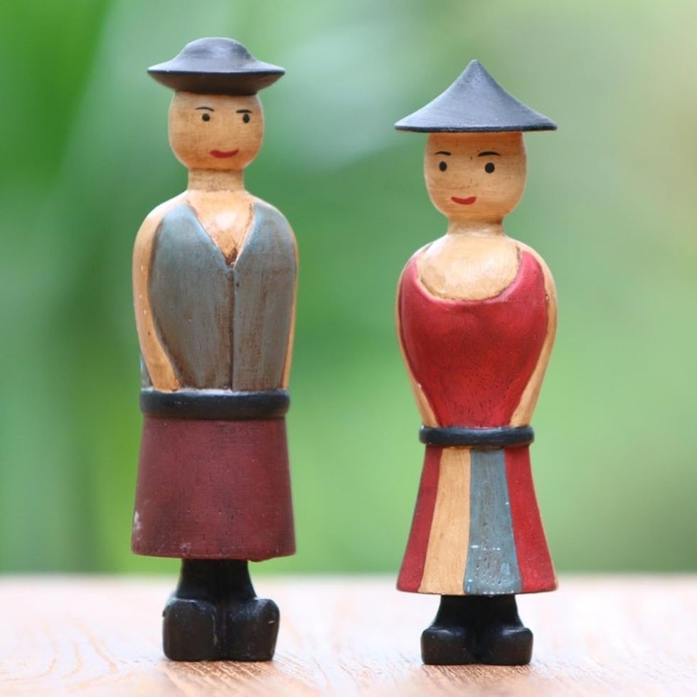 Two Hand-Carved Wood Figurines of a Farmer Couple from Bali 'Jolly Farmers'