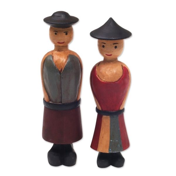 Alternate image for Two Hand-Carved Wood Figurines of a Farmer Couple from Bali Jolly Farmers