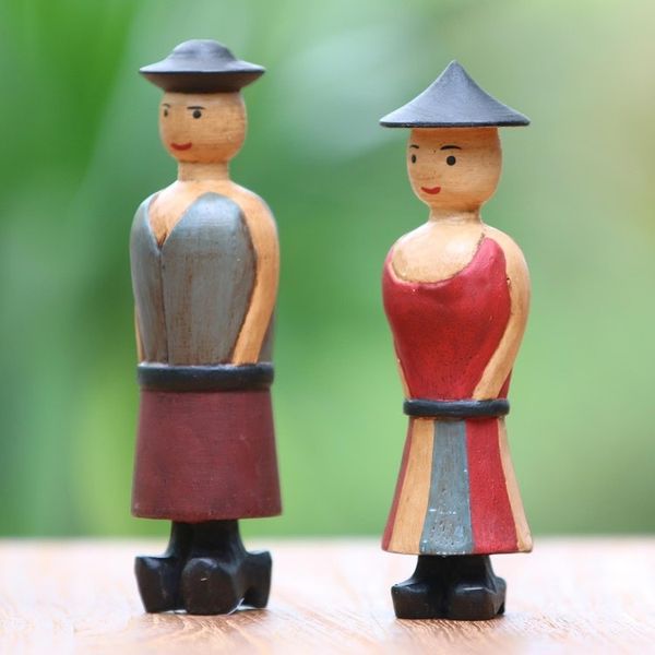 Alternate image for Two Hand-Carved Wood Figurines of a Farmer Couple from Bali Jolly Farmers