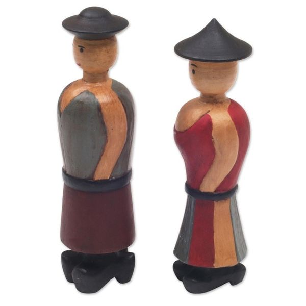 Alternate image for Two Hand-Carved Wood Figurines of a Farmer Couple from Bali Jolly Farmers
