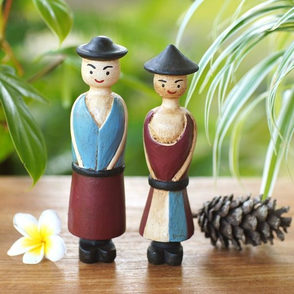 Alternate image for Two Hand-Carved Wood Figurines of a Farmer Couple from Bali Jolly Farmers