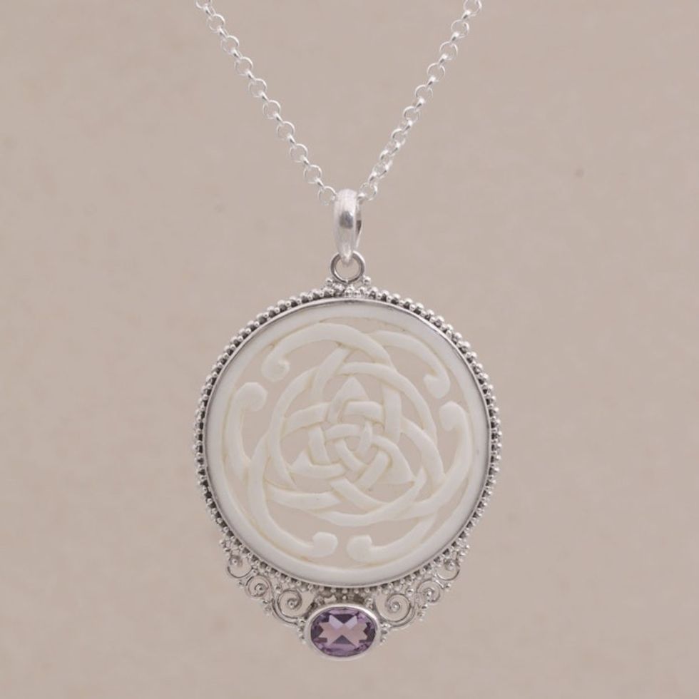Amethyst Sterling Silver and Bone Pendant Necklace from Bali 'Circle of Power'