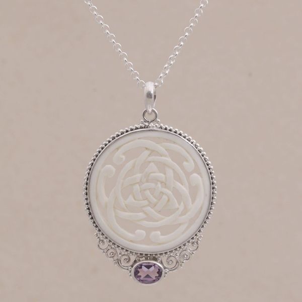 Alternate image for Amethyst Sterling Silver and Bone Pendant Necklace from Bali Circle of Power