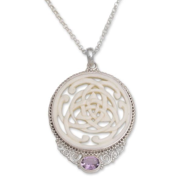 Alternate image for Amethyst Sterling Silver and Bone Pendant Necklace from Bali Circle of Power