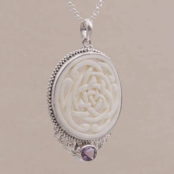 Alternate image for Amethyst Sterling Silver and Bone Pendant Necklace from Bali Circle of Power