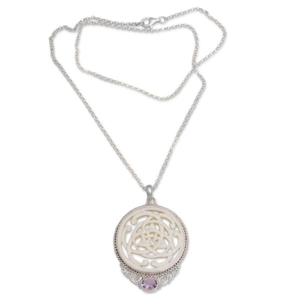 Alternate image for Amethyst Sterling Silver and Bone Pendant Necklace from Bali Circle of Power