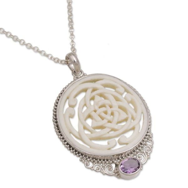Alternate image for Amethyst Sterling Silver and Bone Pendant Necklace from Bali Circle of Power