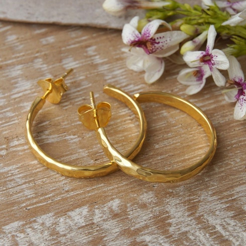 Gold Plated 925 Slim Half Hoop Silver Earrings from Bali 'Slim Radiant Shine'