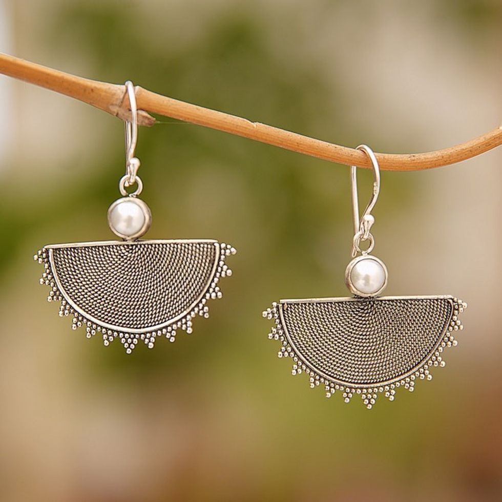Balinese Sterling Silver Dangle Earrings with Cultured Pearl 'Bali Sunrise'