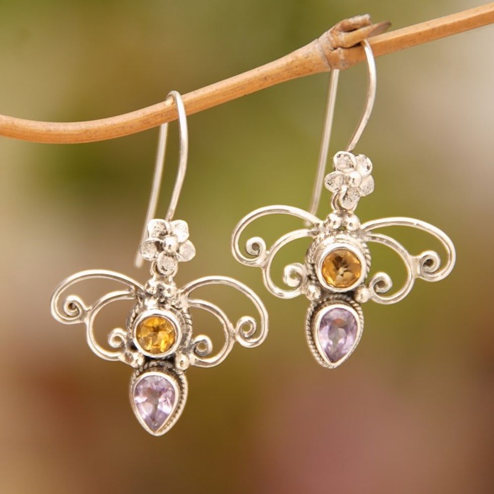 Citrine and Amethyst Spiral Dangle Earrings from Bali 'Manggar Flowers'