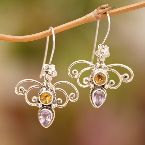 Alternate image for Citrine and Amethyst Spiral Dangle Earrings from Bali Manggar Flowers