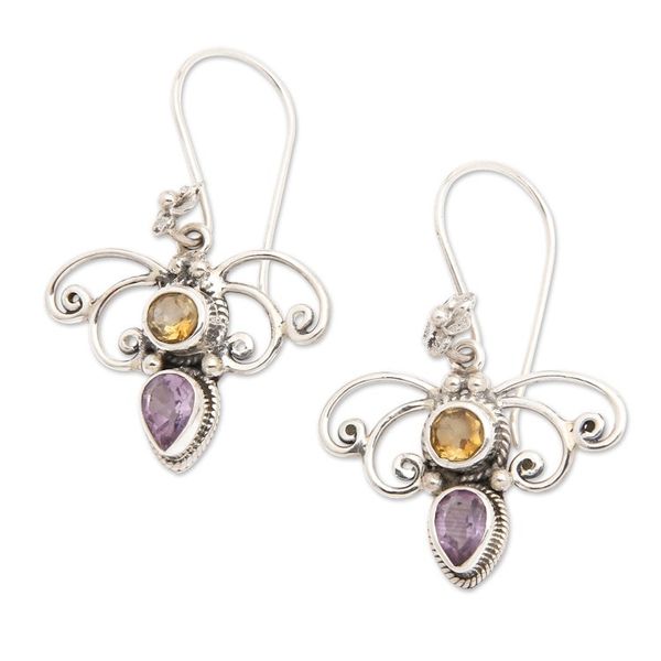 Alternate image for Citrine and Amethyst Spiral Dangle Earrings from Bali Manggar Flowers