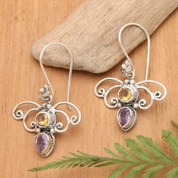 Alternate image for Citrine and Amethyst Spiral Dangle Earrings from Bali Manggar Flowers