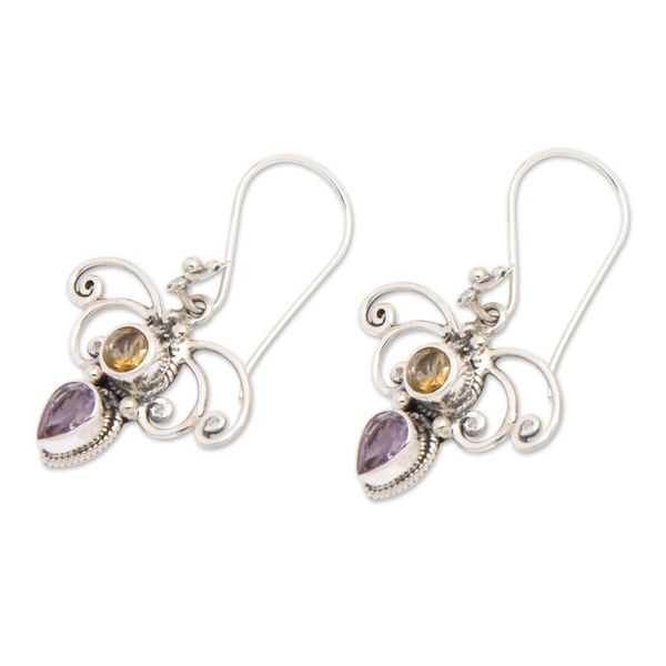 Alternate image for Citrine and Amethyst Spiral Dangle Earrings from Bali Manggar Flowers