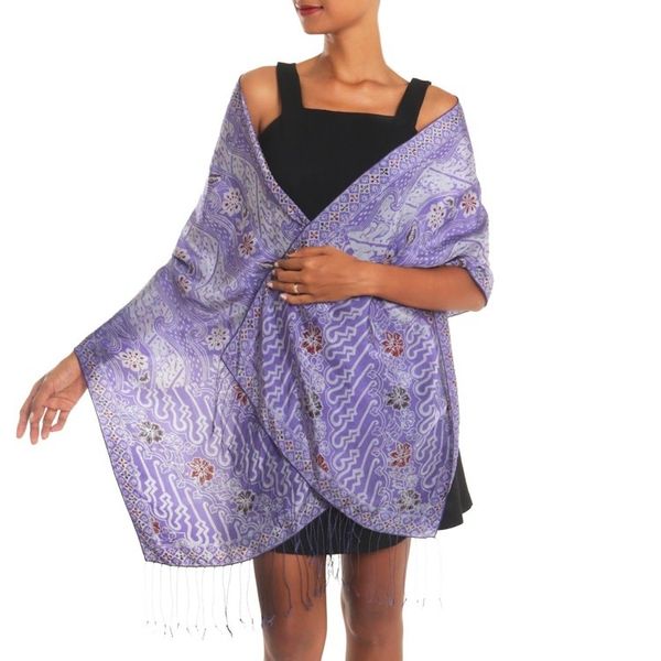 Alternate image for Artisan Crafted Batik Floral Silk Shawl in Iris from Bali Forest Waves in Iris