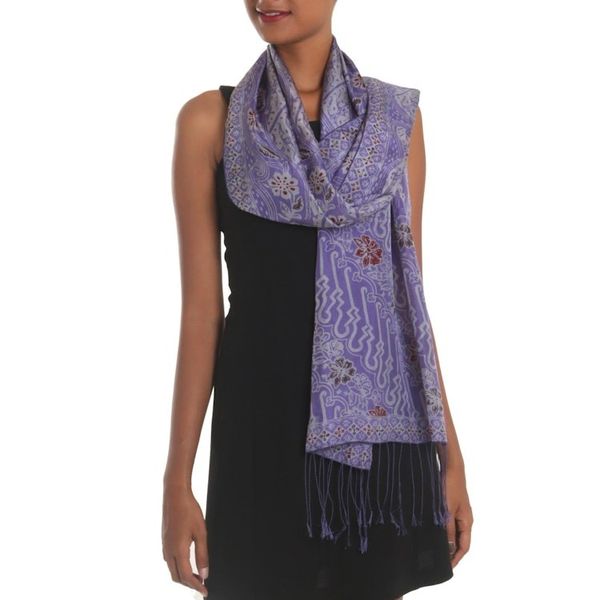 Alternate image for Artisan Crafted Batik Floral Silk Shawl in Iris from Bali Forest Waves in Iris