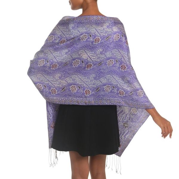 Alternate image for Artisan Crafted Batik Floral Silk Shawl in Iris from Bali Forest Waves in Iris