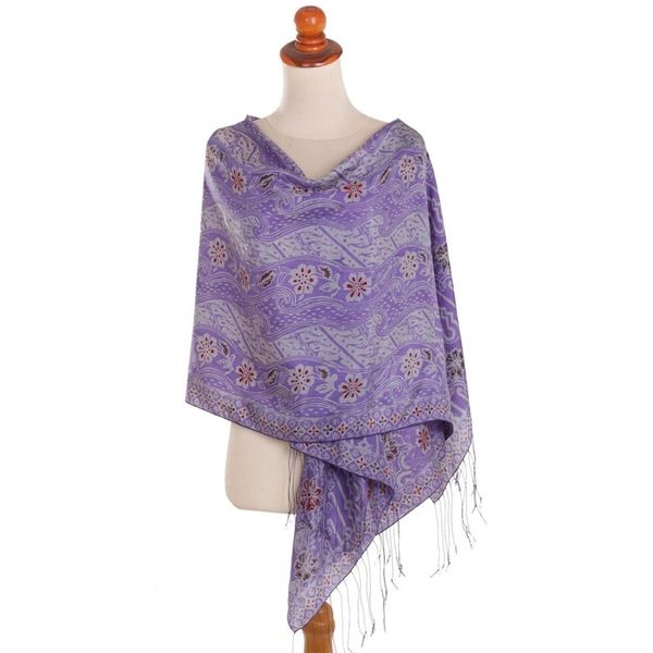 Alternate image for Artisan Crafted Batik Floral Silk Shawl in Iris from Bali Forest Waves in Iris