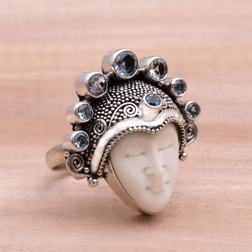 Blue Topaz and Sterling Silver Face Cocktail Ring from Bali 'Sunshine Knight'
