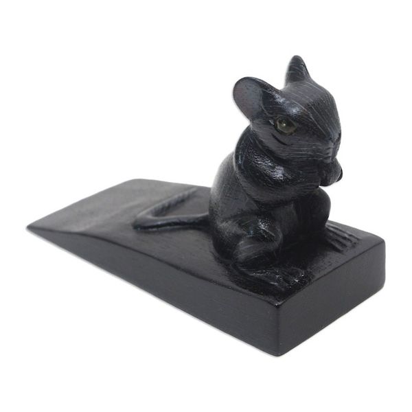 Alternate image for Hand Carved Suar Wood Mouse Door Stopper in Black from Bali Charming Mouse in Black