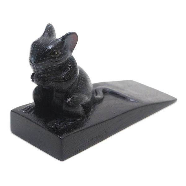 Alternate image for Hand Carved Suar Wood Mouse Door Stopper in Black from Bali Charming Mouse in Black
